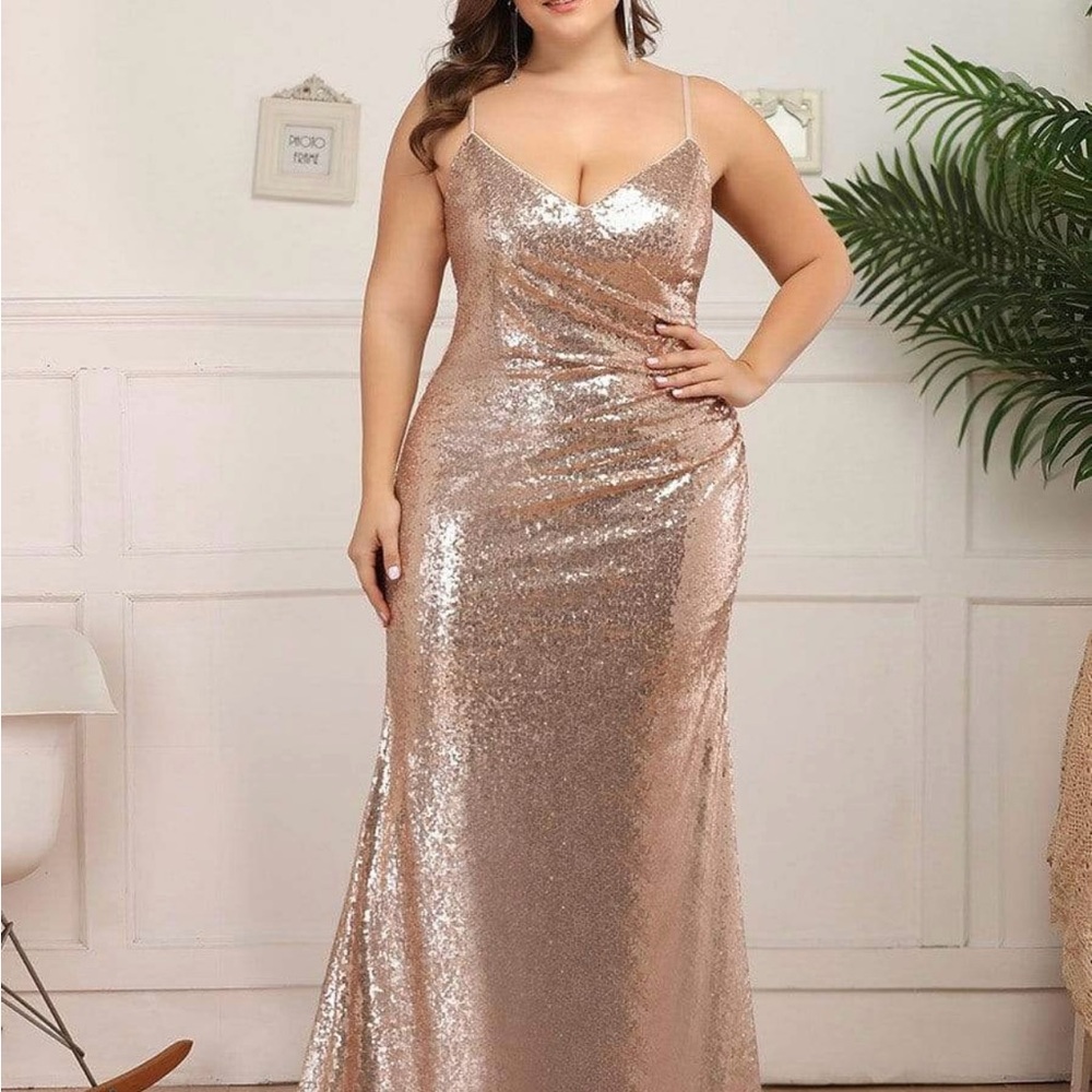 Ever Pretty Rose Gold Gown Sleeveless Spaghetti Strap Plunge Neckline